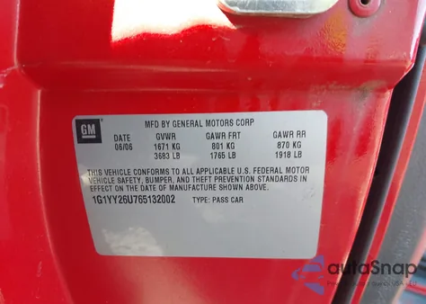 2006 Chevrolet Corvette z USA, uszkodzony, nr VIN 1G1YY26U765132002